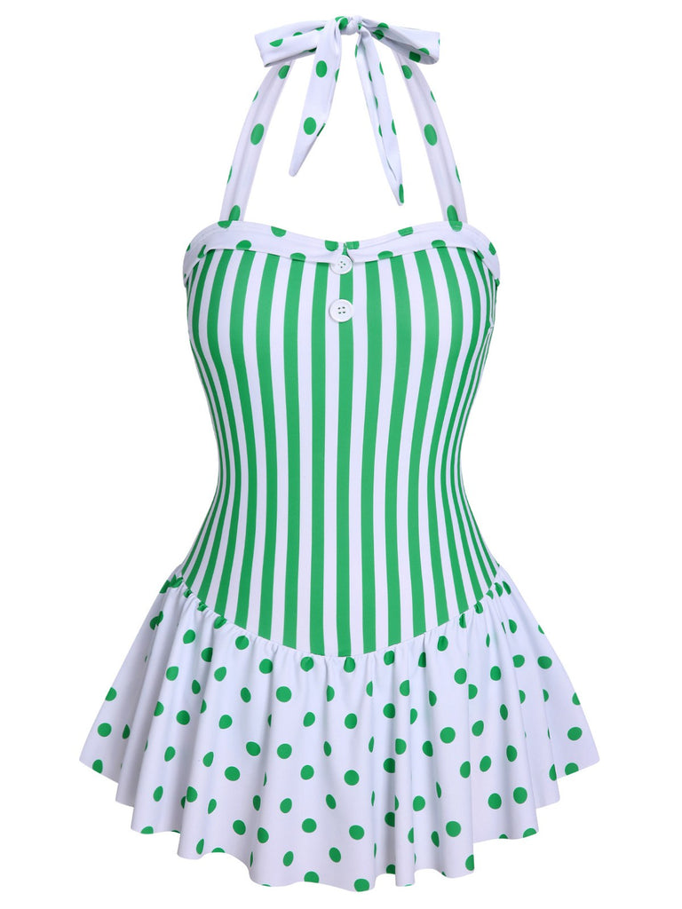 Green 1940s Polka Dots Stripes Halter Swimsuit