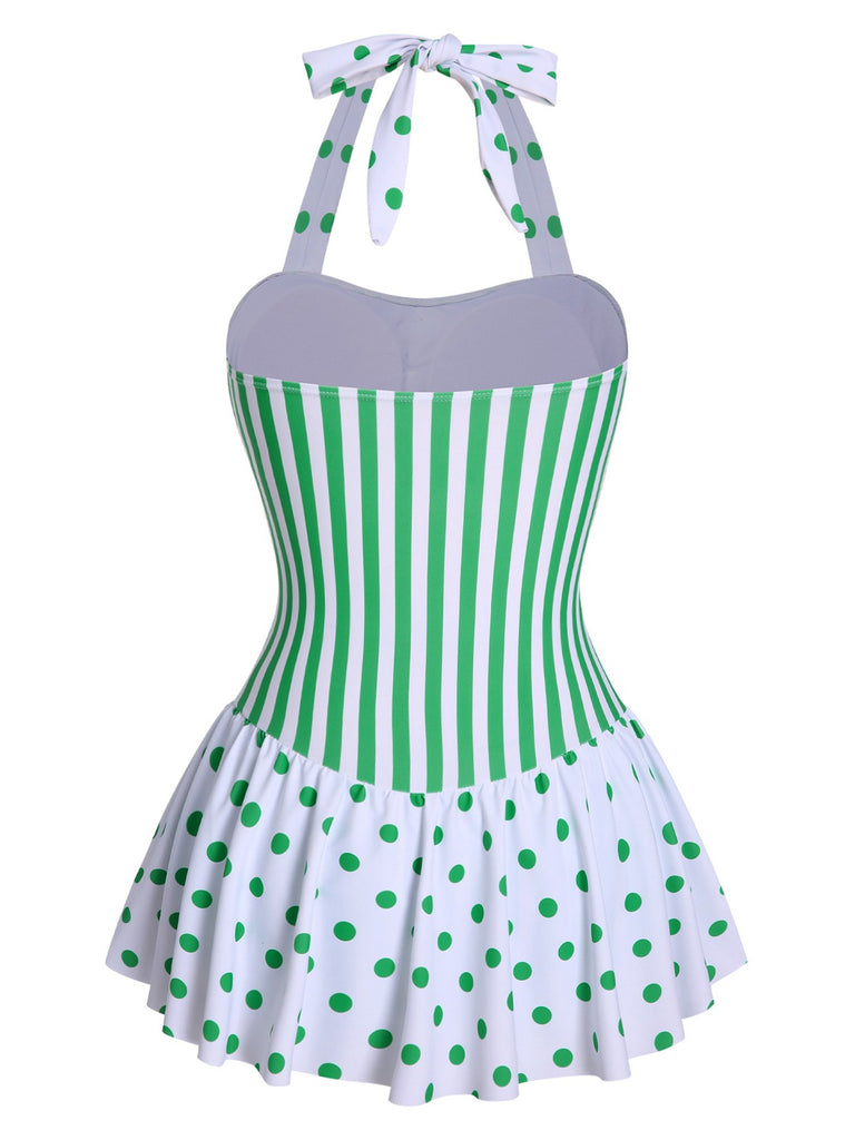 Green 1940s Polka Dots Stripes Halter Swimsuit