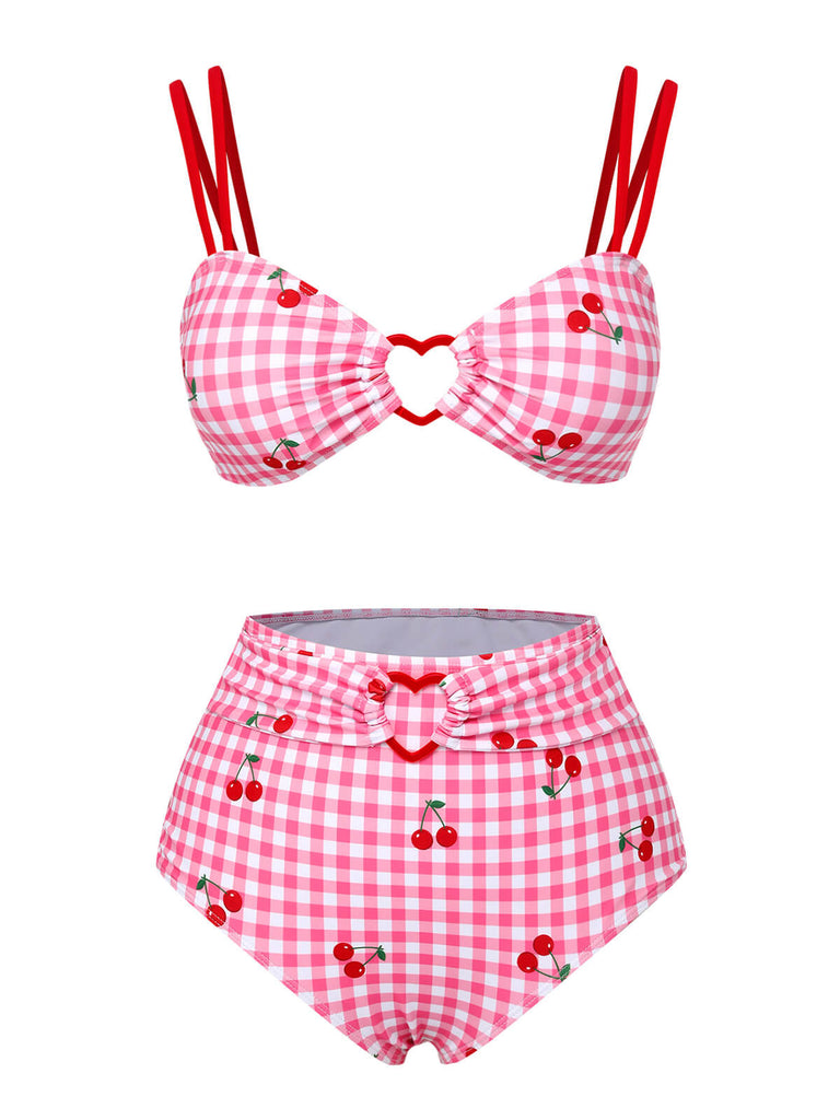 [Pre-Sale] Pink 1950s Plaid & Cherry Strap Swimsuit