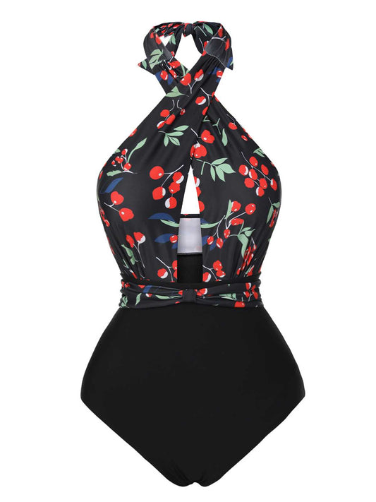 Black 1950s Cross Halter Cherry Swimsuit