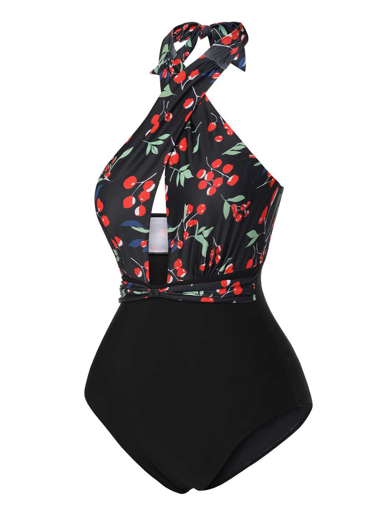 Black 1950s Cross Halter Cherry Swimsuit