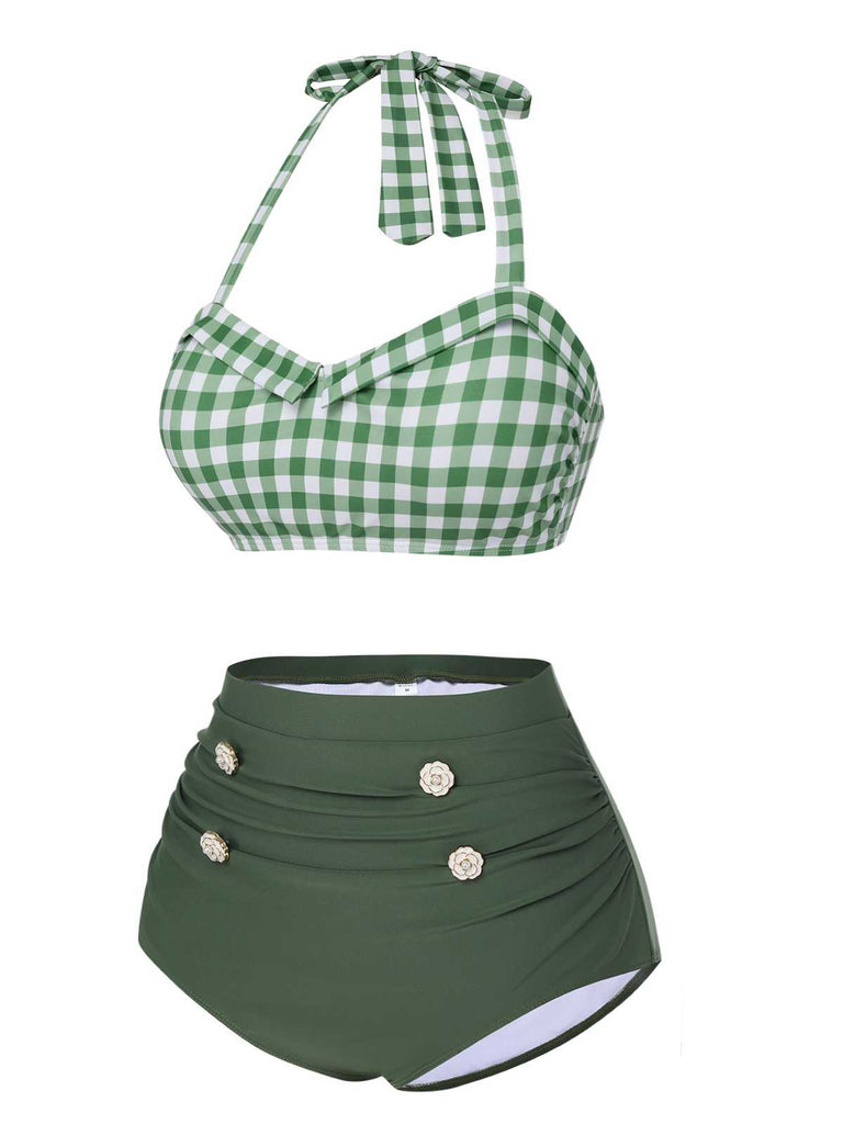 Green Gray 1940s Halter Plaids Swimsuit