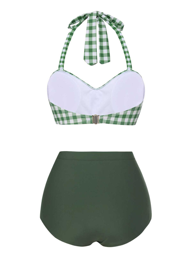 Green Gray 1940s Halter Plaids Swimsuit