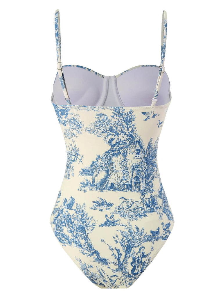 1950s Ink Floral Spaghetti Strap One-Piece Swimsuit