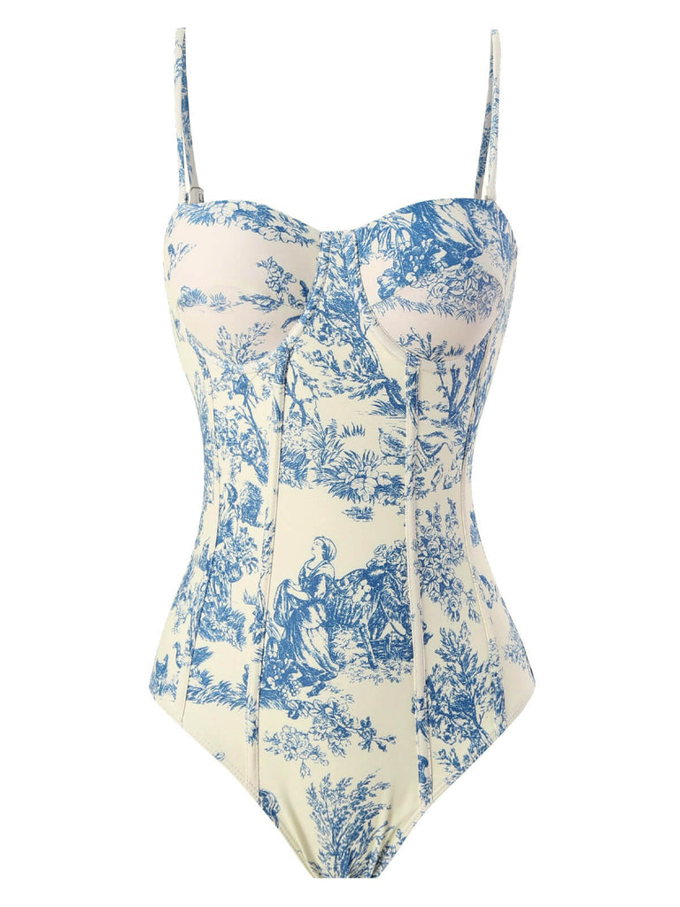 1950s Ink Floral Spaghetti Strap One-Piece Swimsuit