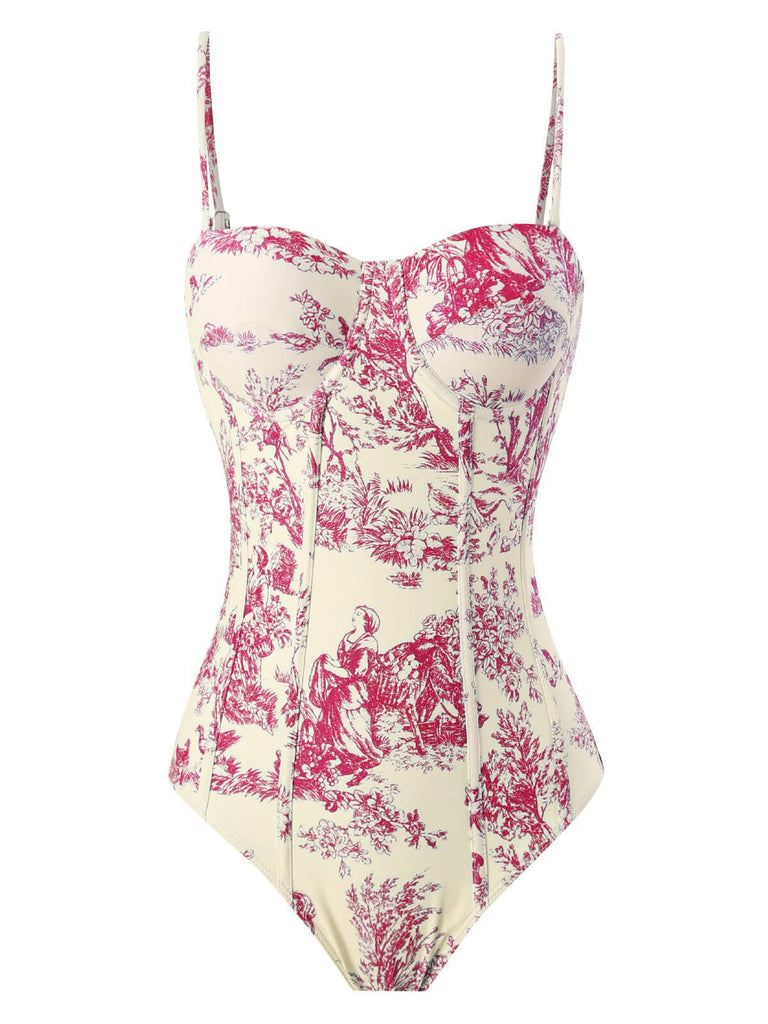 1950s Ink Floral Spaghetti Strap One-Piece Swimsuit