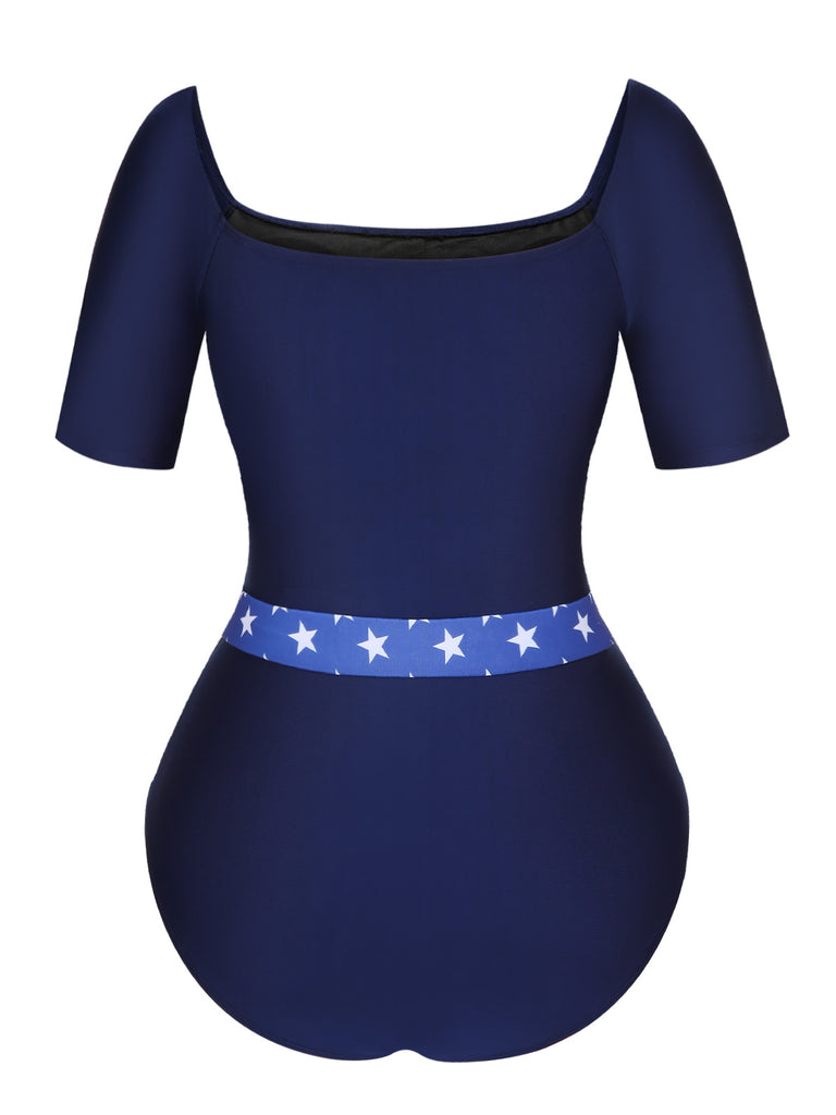 Dark Blue 1940s Stars One-Piece Swimsuit