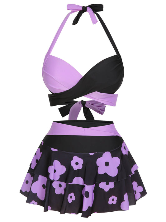 1950s Color Block Floral Halter Swimsuit