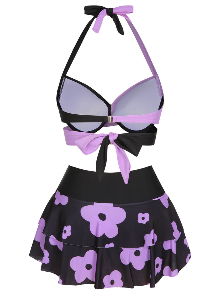 1950s Color Block Floral Halter Swimsuit