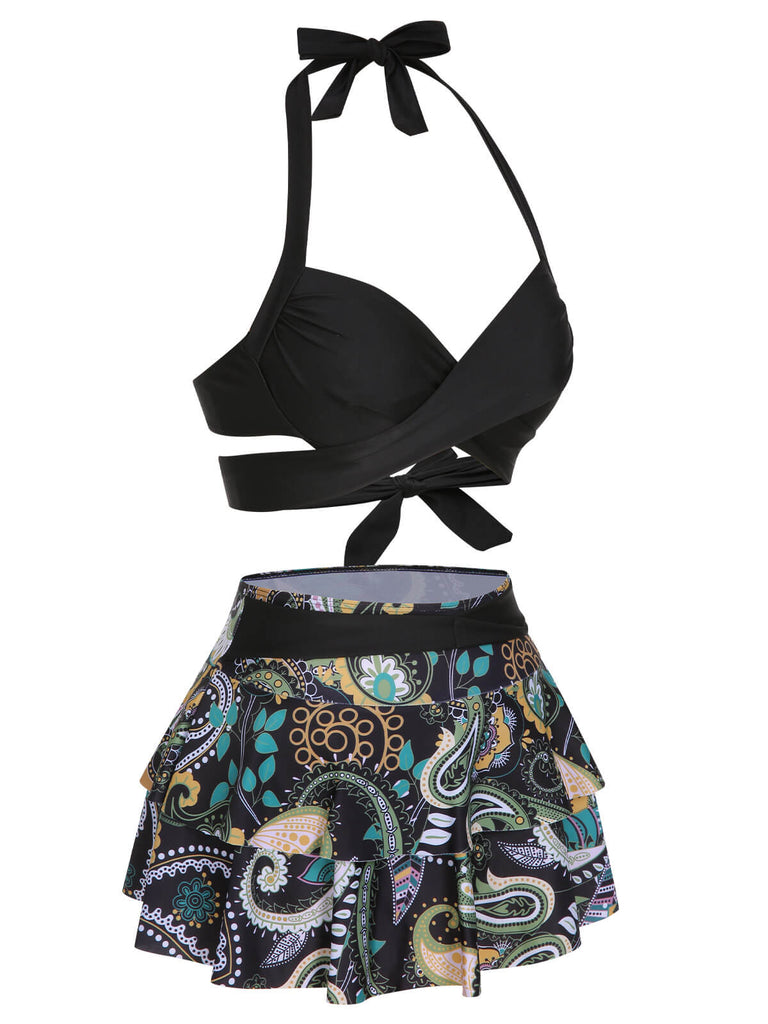 1950s Color Block Floral Halter Swimsuit