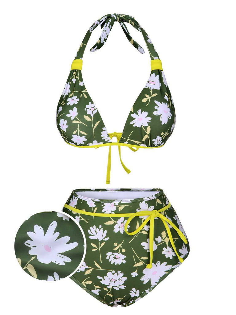 Dark Green 1940s Halter Bow Floral Swimsuit