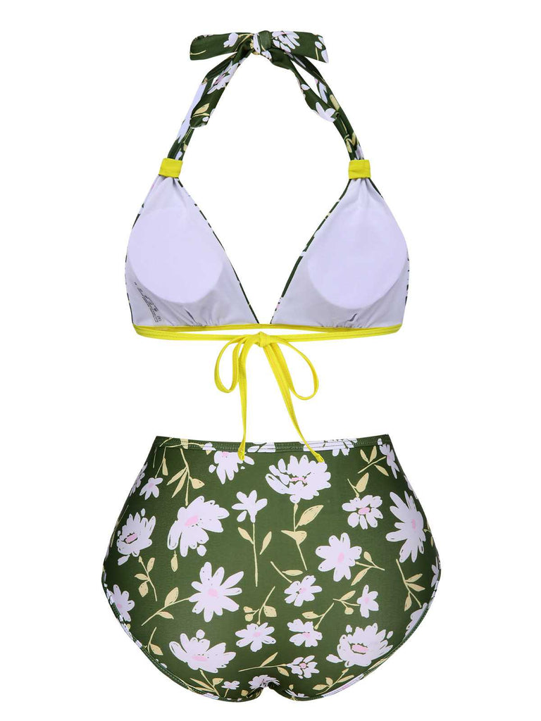 Dark Green 1940s Halter Bow Floral Swimsuit