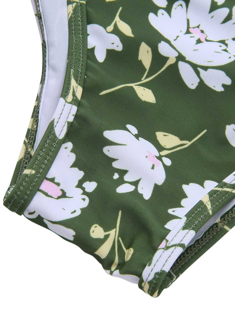 Dark Green 1940s Halter Bow Floral Swimsuit