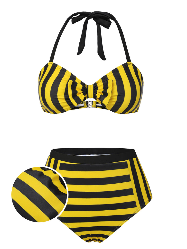 Yellow & Black 1970s Striped Bow Halter Swimsuit