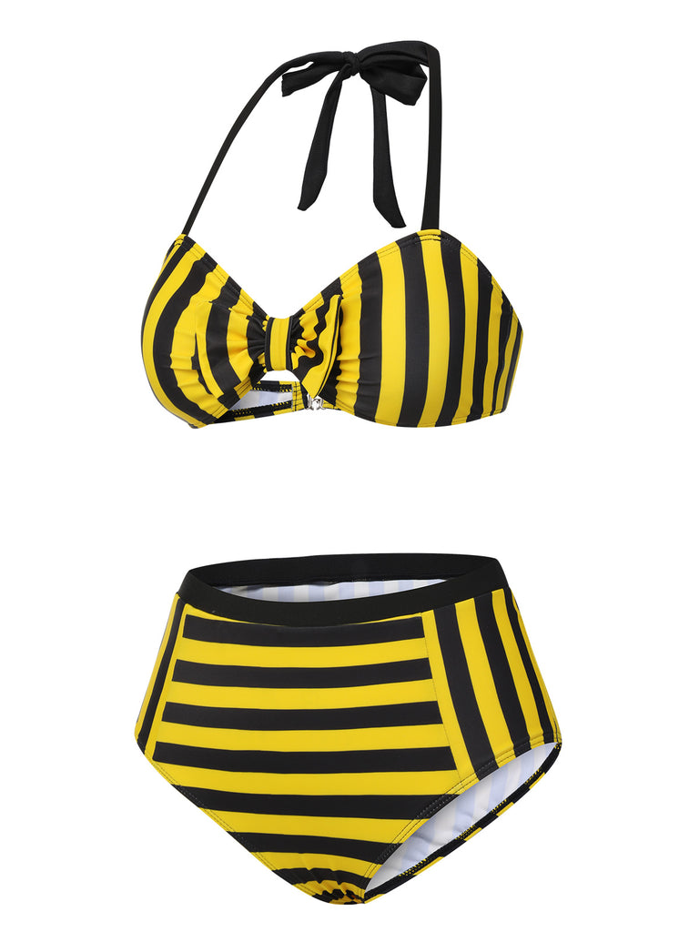 Yellow & Black 1970s Striped Bow Halter Swimsuit