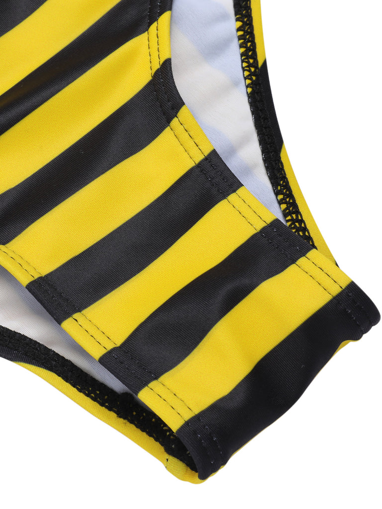 Yellow & Black 1970s Striped Bow Halter Swimsuit