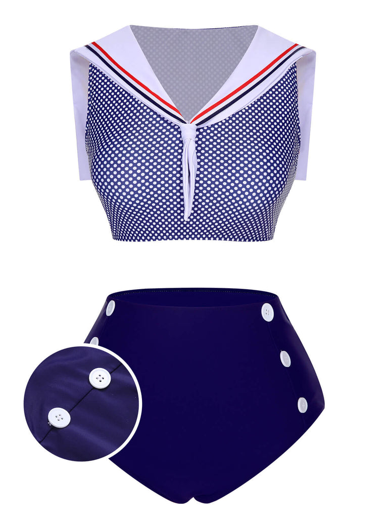 [Pre-Sale] Dark Blue 1940s Dots Sailor Collar Swimsuit