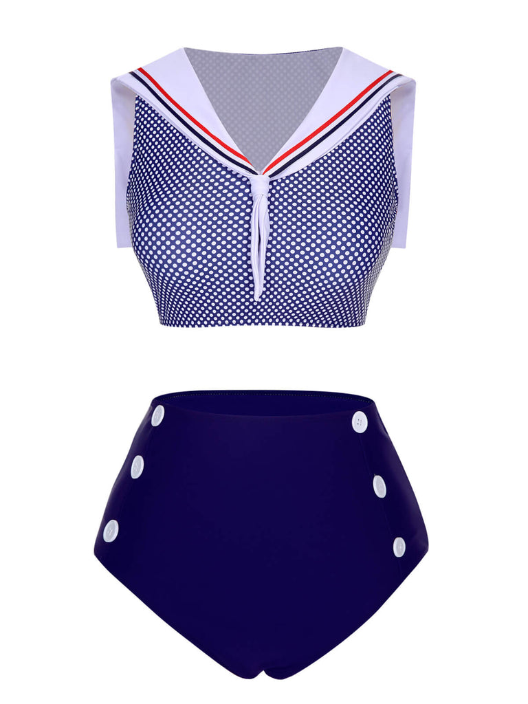 [Pre-Sale] Dark Blue 1940s Dots Sailor Collar Swimsuit