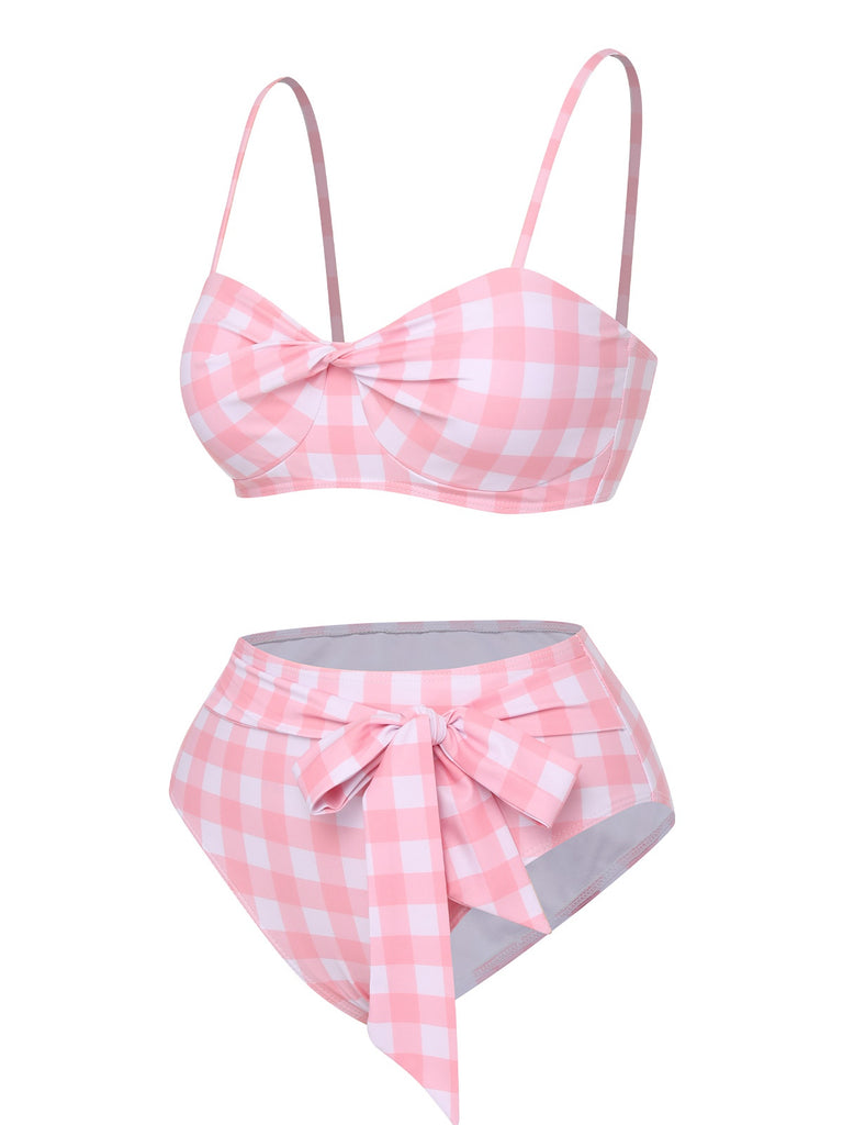 [Pre-Sale] Pink 1940s Spaghetti Strap Plaid Bow Swimsuit