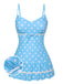 Blue 1940s Spaghetti Strap Polka Dots One-Piece Swimsuit