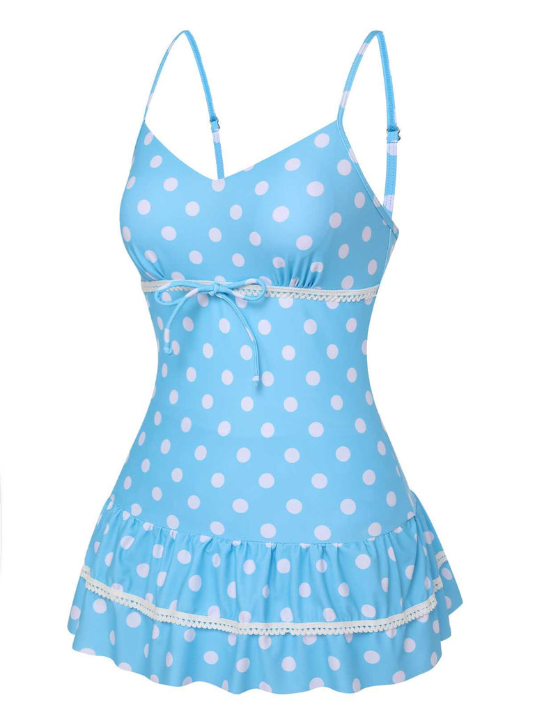 Blue 1940s Spaghetti Strap Polka Dots One-Piece Swimsuit