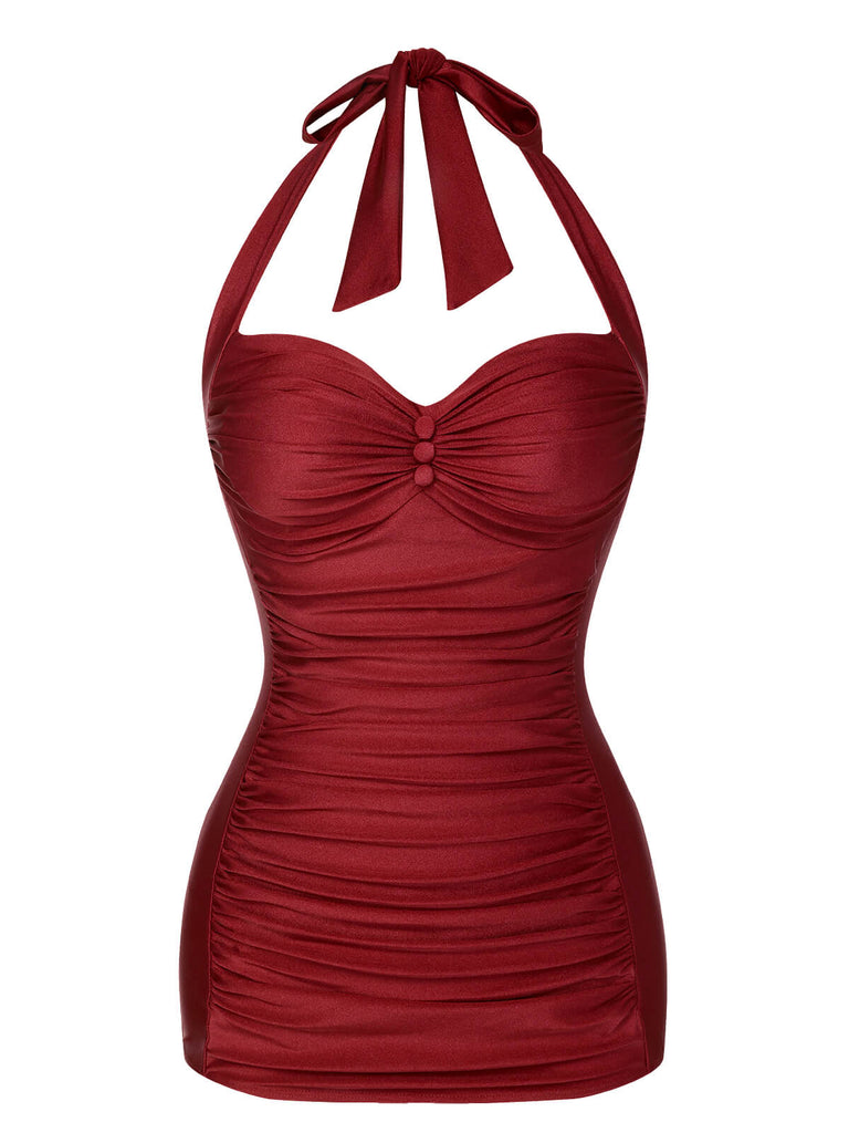 [Pre-Sale] Red 1950s Solid Gathered Halter Swimsuit