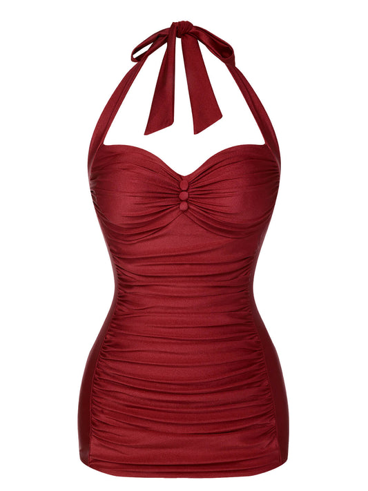 Red 1950s Solid Gathered Halter Swimsuit