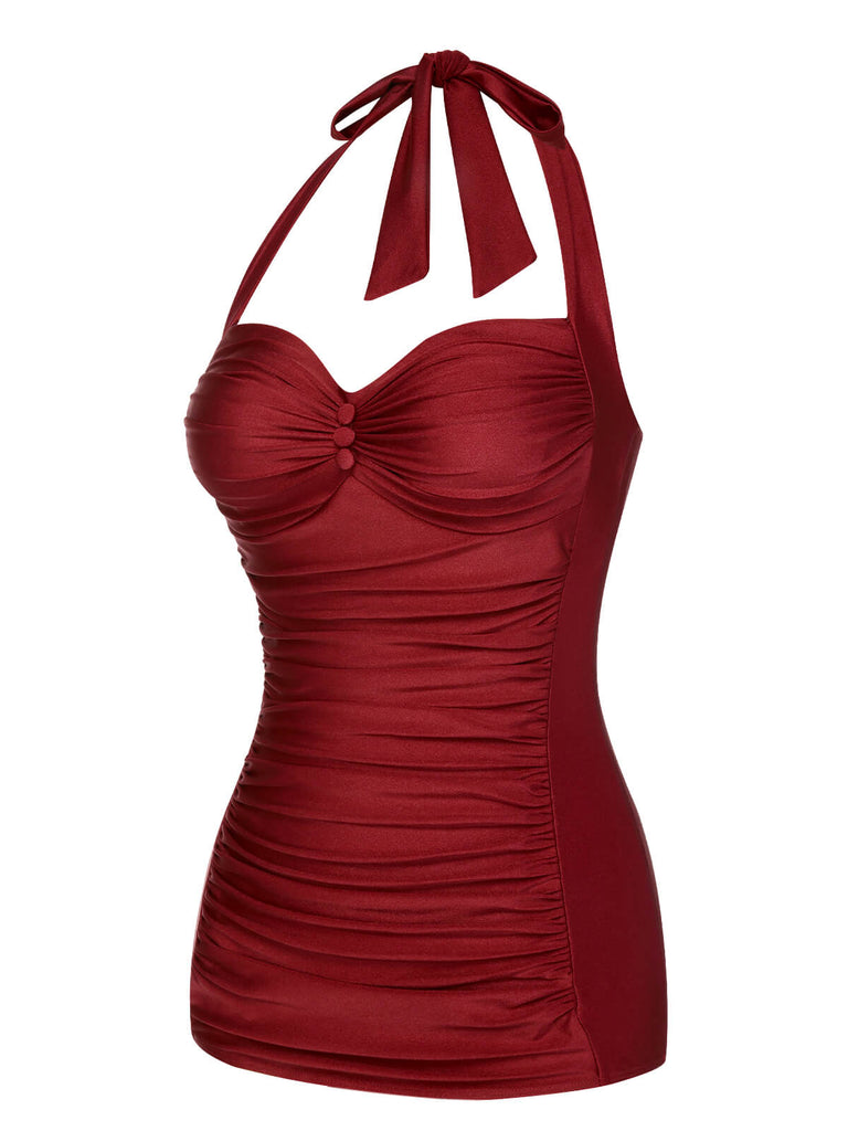 [Pre-Sale] Red 1950s Solid Gathered Halter Swimsuit