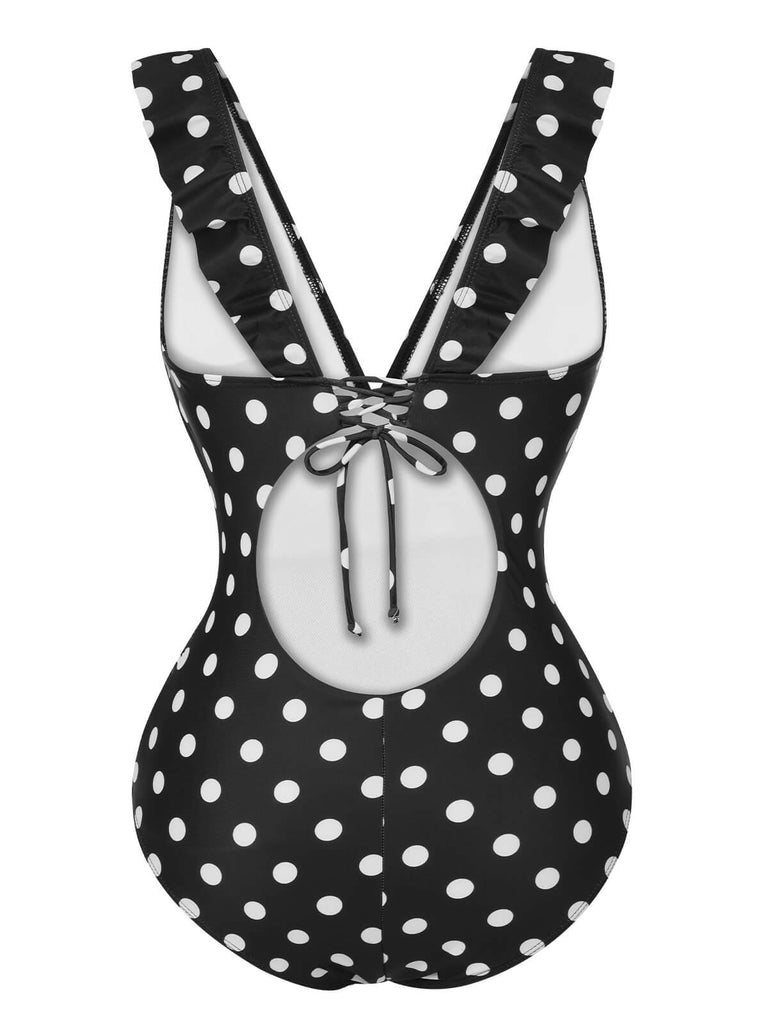 Black 1950s Polka Dot Ruffle V-Neck Swimsuit