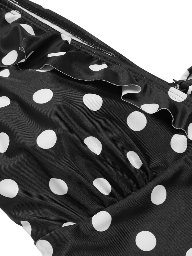 Black 1950s Polka Dot Ruffle V-Neck Swimsuit