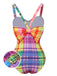 Multicolor 1970s Rainbow Plaid Bow Swimsuit