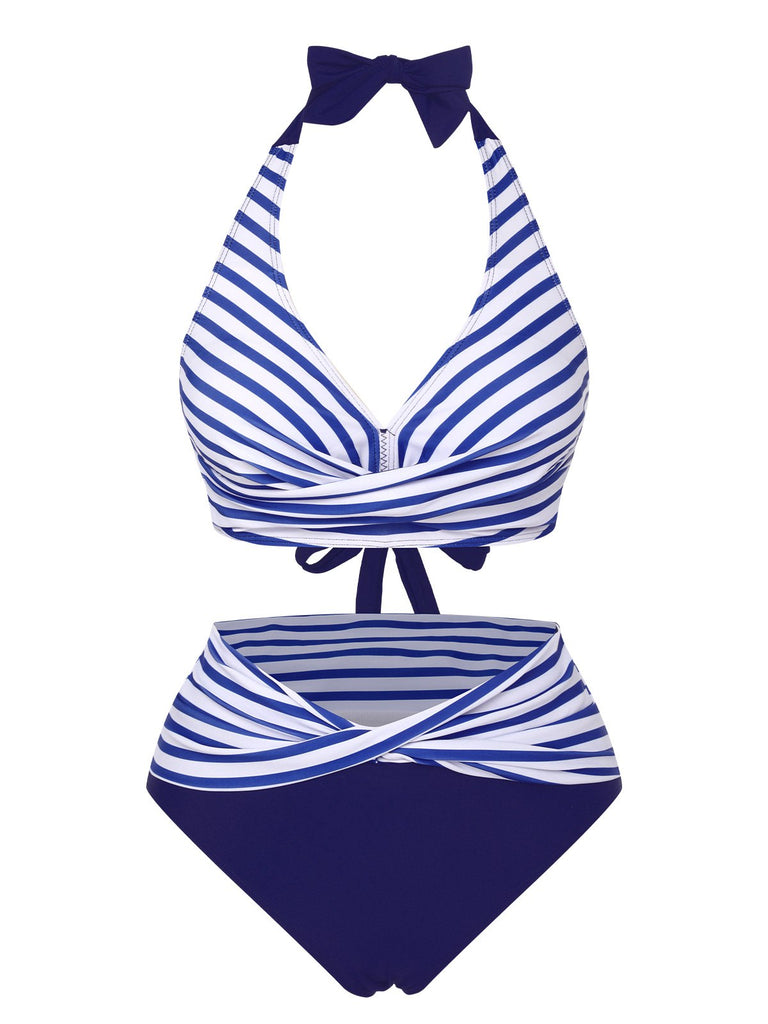 Blue 1940s Striped Contrast Knit Halter Swimsuit