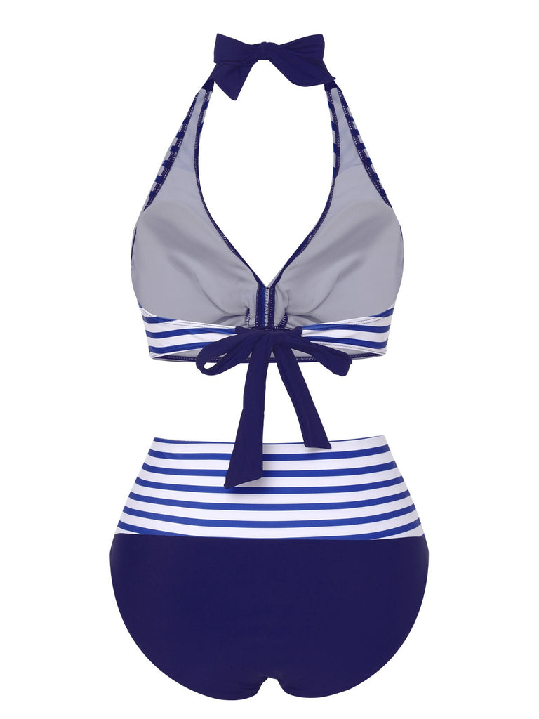 Blue 1940s Striped Contrast Knit Halter Swimsuit