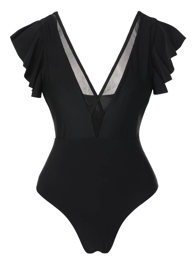 Black 1950s Solid Ruffle Sleeve One-Piece Swimsuit