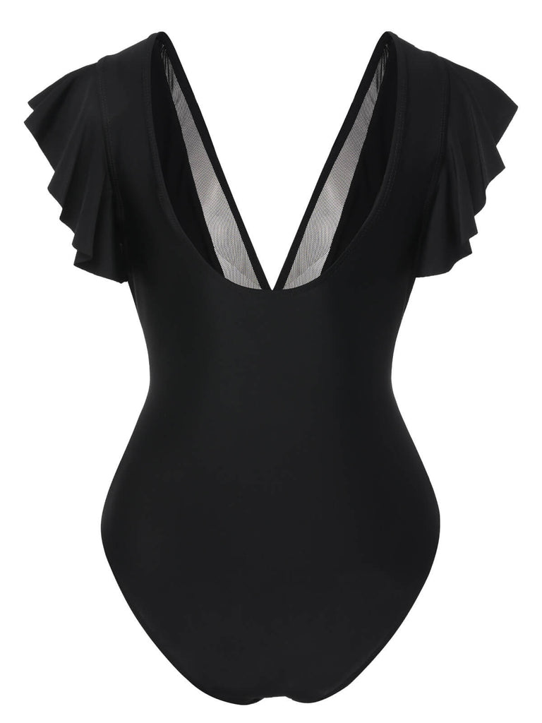 Black 1950s Solid Ruffle Sleeve One-Piece Swimsuit