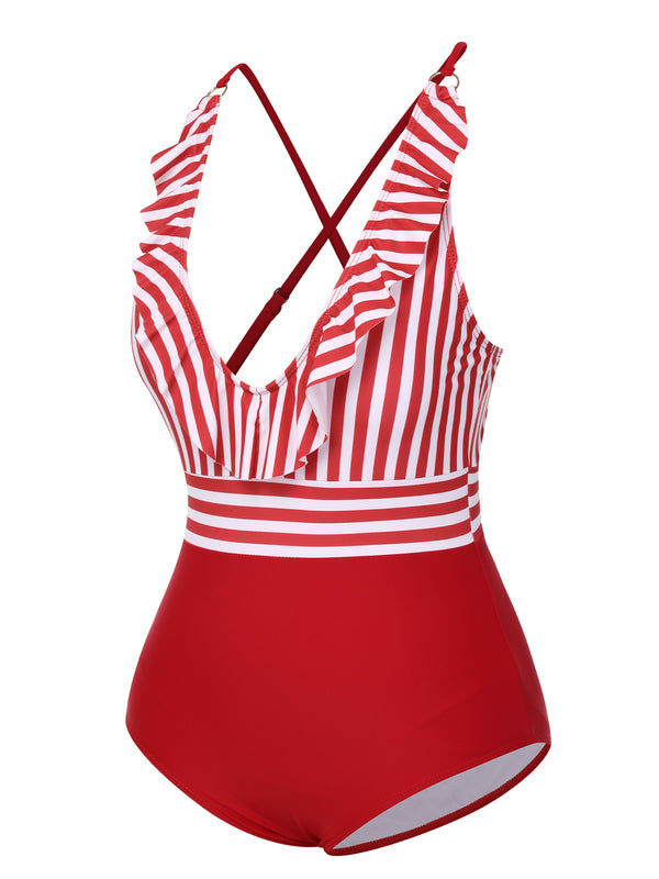 1950s Color Contrast Striped Ruffle Swimsuit | Retro Stage