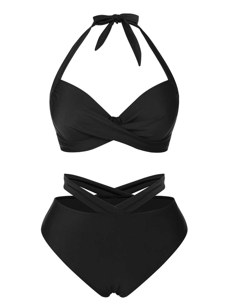 Black 1960s Halter Solid Swimsuit