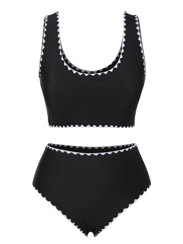 Black 1950s Solid Jagged Edge Swimsuit