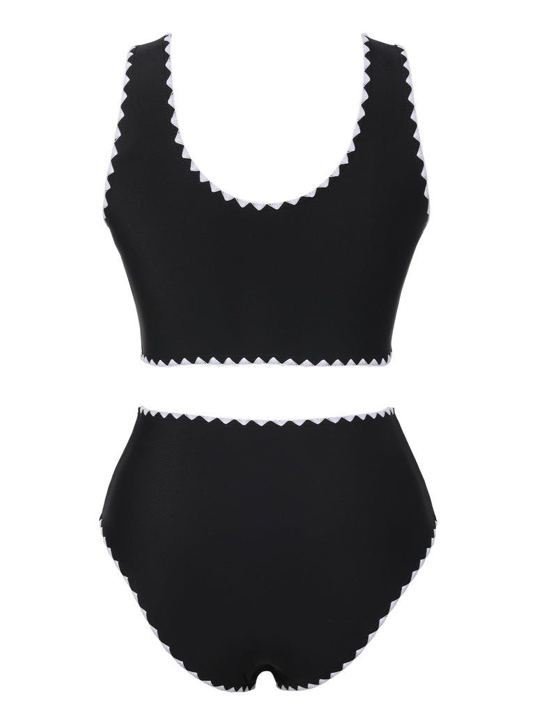 Black 1950s Solid Jagged Edge Swimsuit