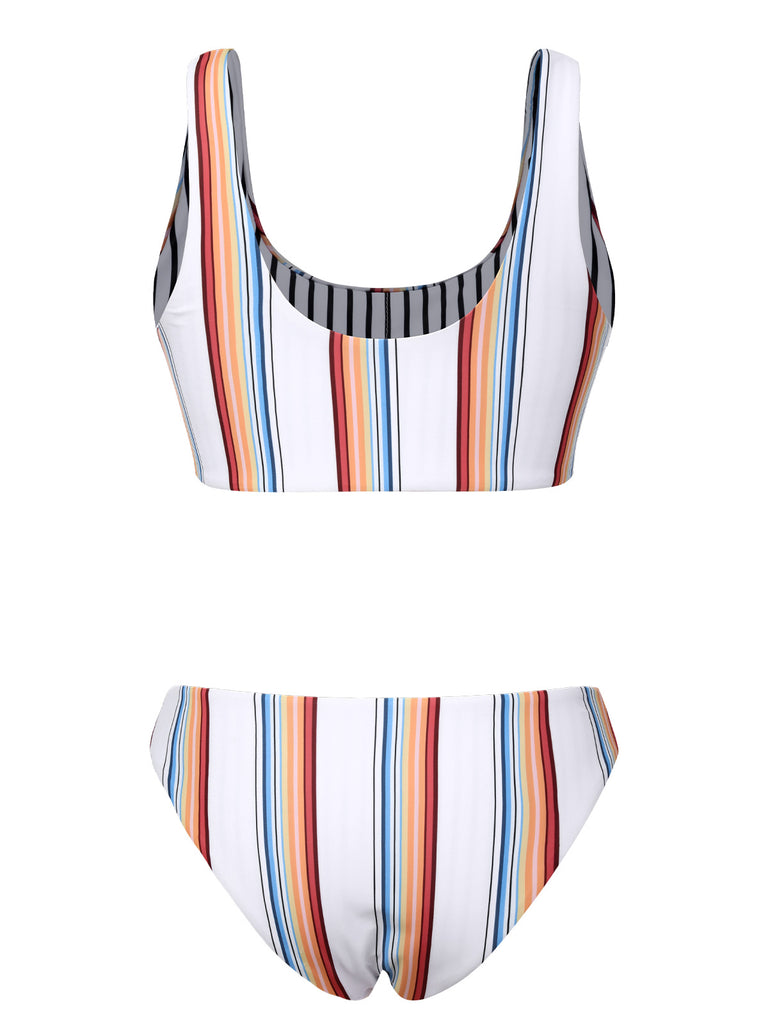 White 1950s Strap Stripes Swimsuit