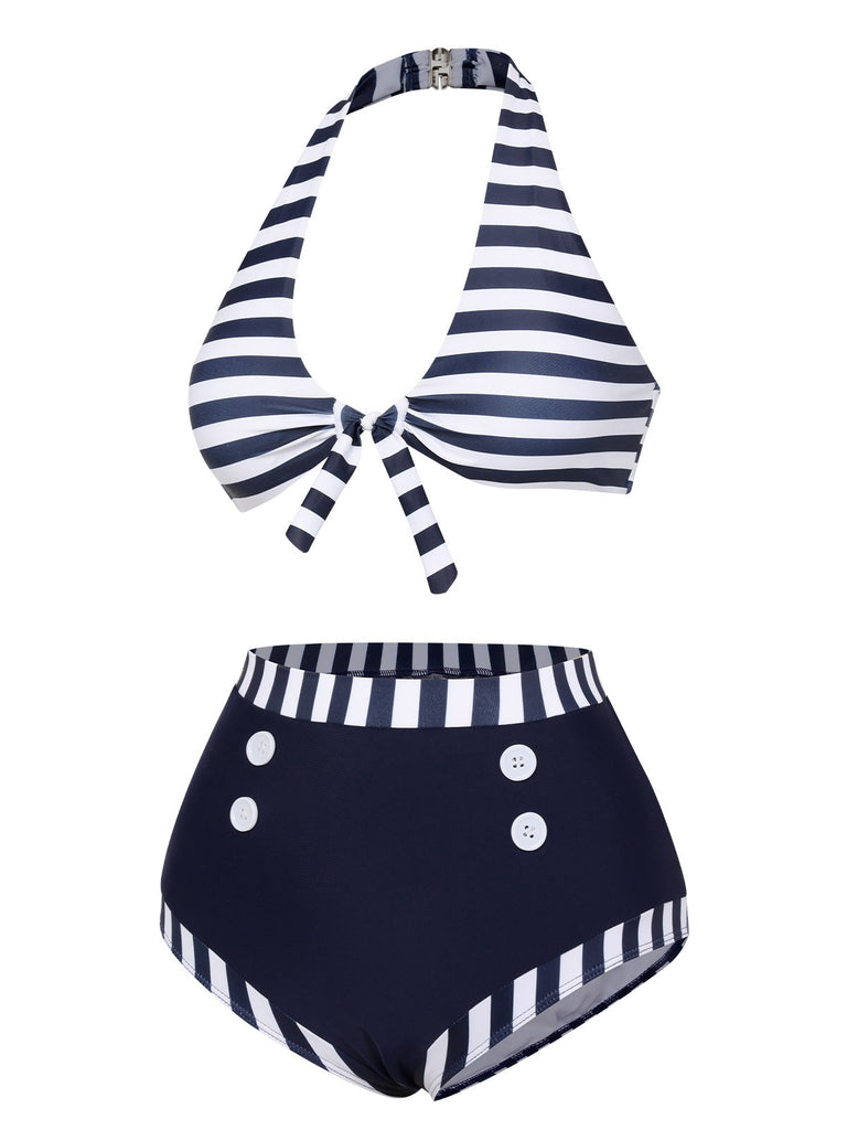 Dark Blue 1930s Stripes Halter Buttons Swimsuit