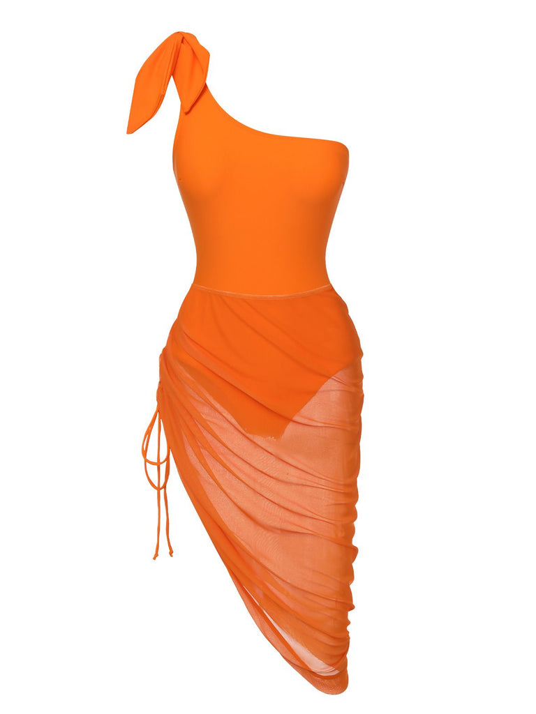 Orange 1940s Solid Swimsuit & High Low Cover-Up