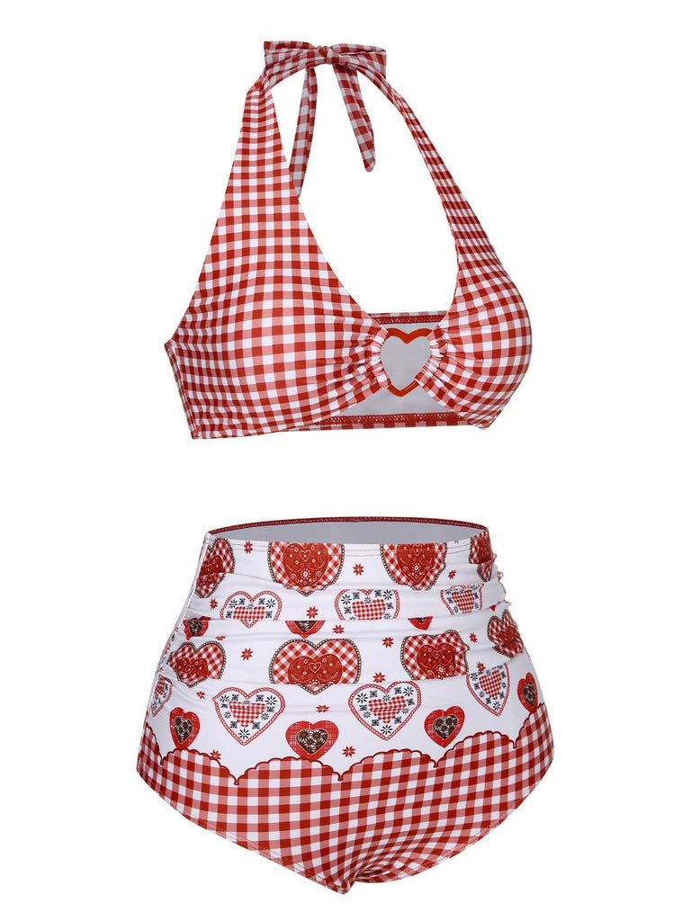 Red 1950s Halter Heart Plaids Swimsuit