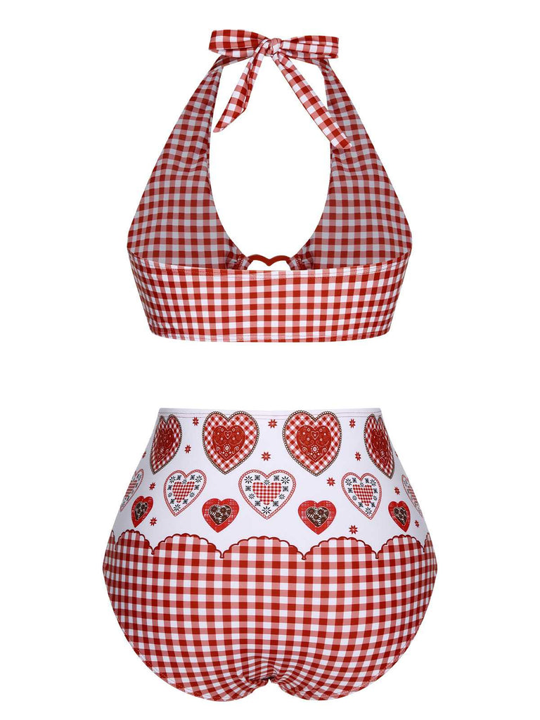 Red 1950s Halter Heart Plaids Swimsuit