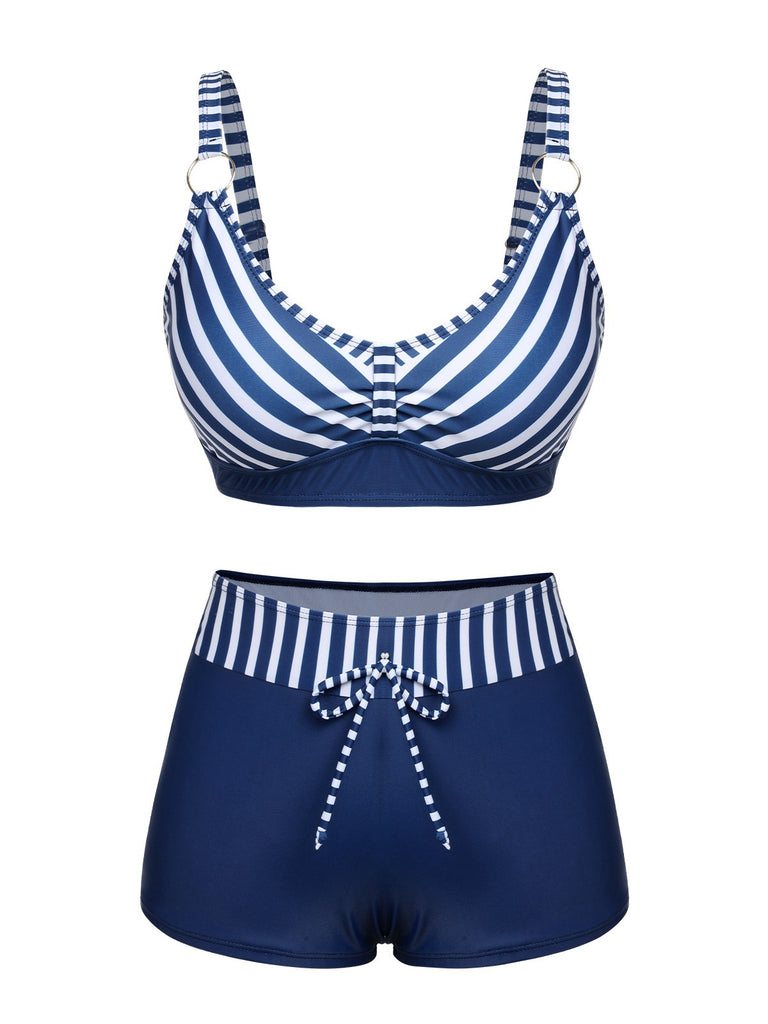 Dark Blue 1940s Stripes Strap Drawstring Swimsuit