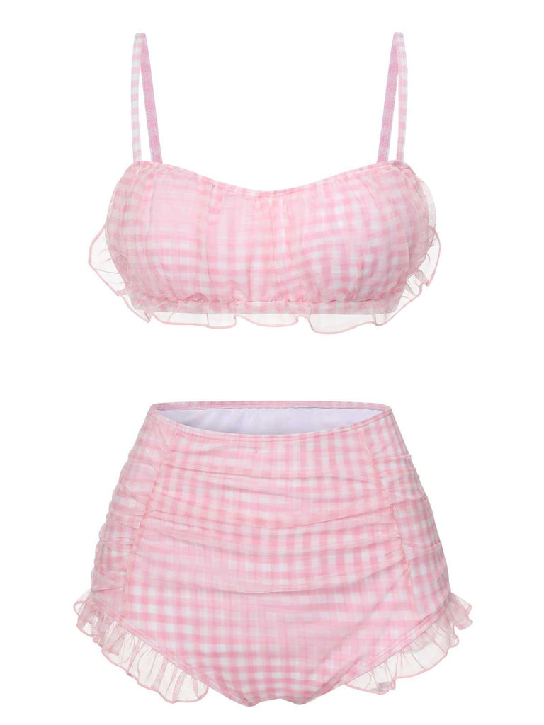 Pink 1940s Spaghetti Strap Mesh Plaids Swimsuit