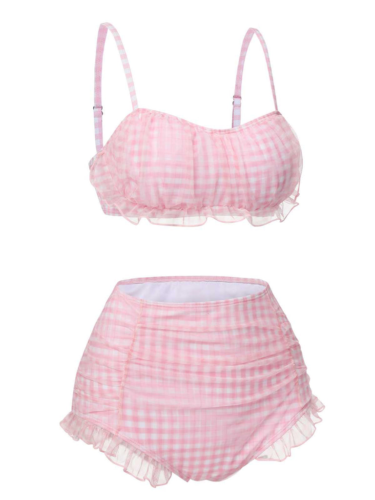 Pink 1940s Spaghetti Strap Mesh Plaids Swimsuit