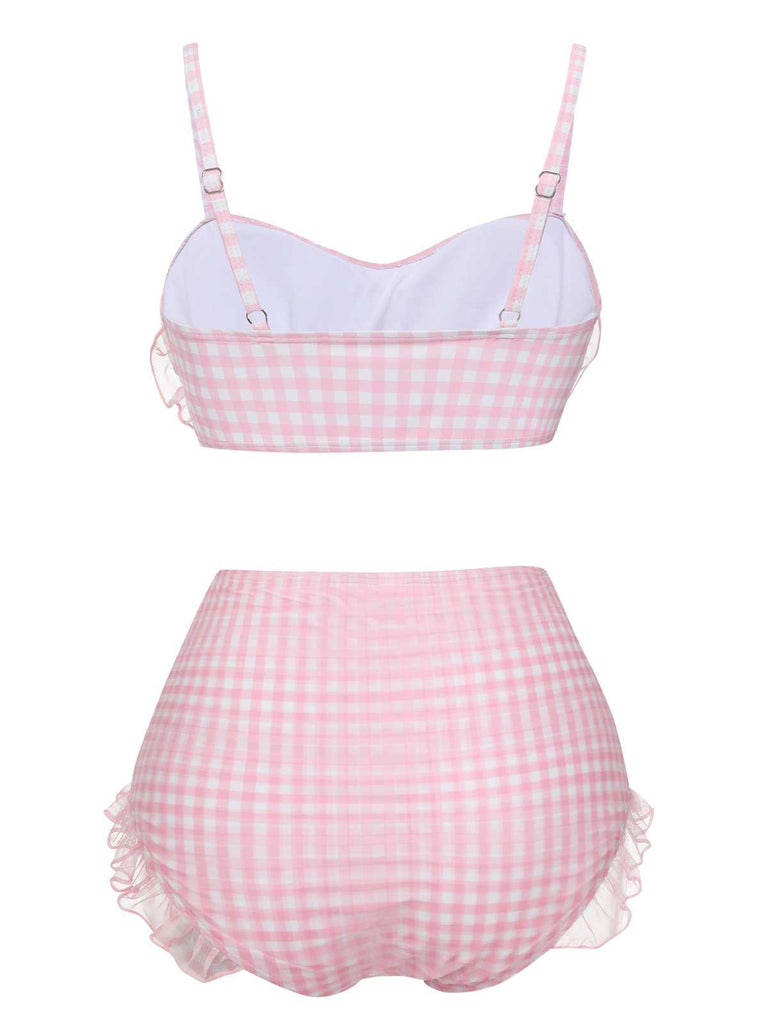 Pink 1940s Spaghetti Strap Mesh Plaids Swimsuit