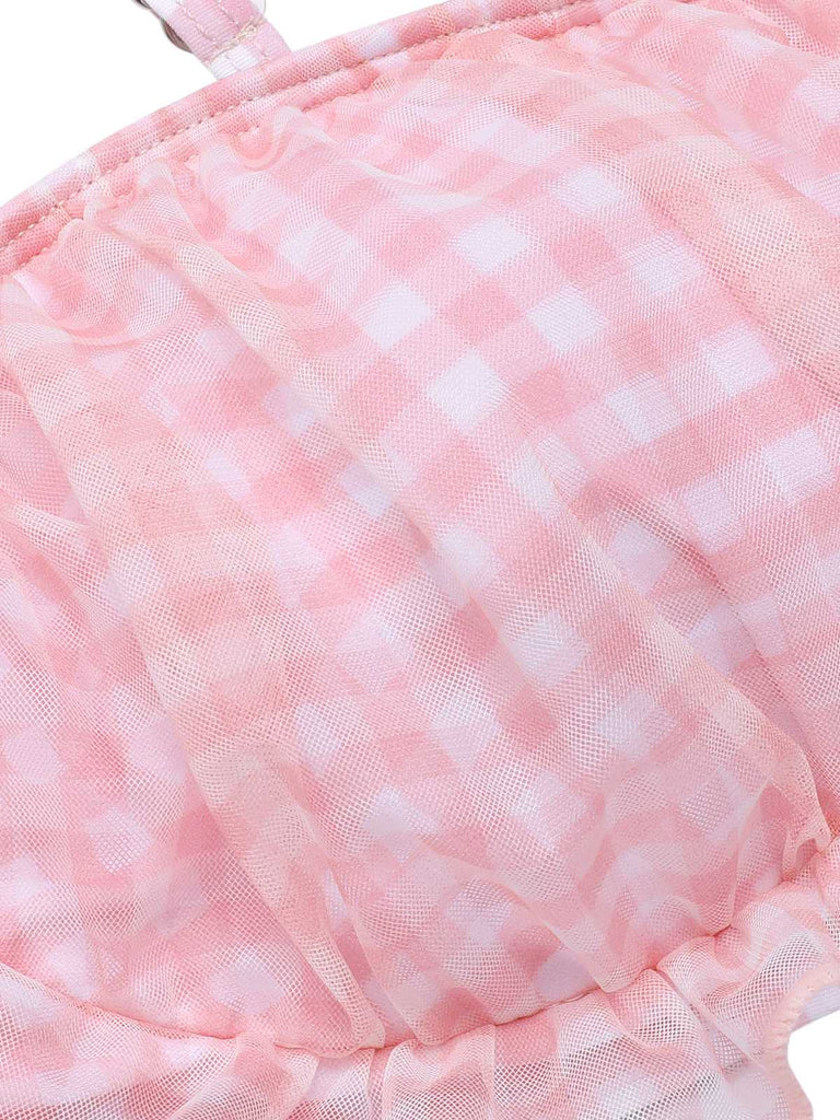 Pink 1940s Spaghetti Strap Mesh Plaids Swimsuit