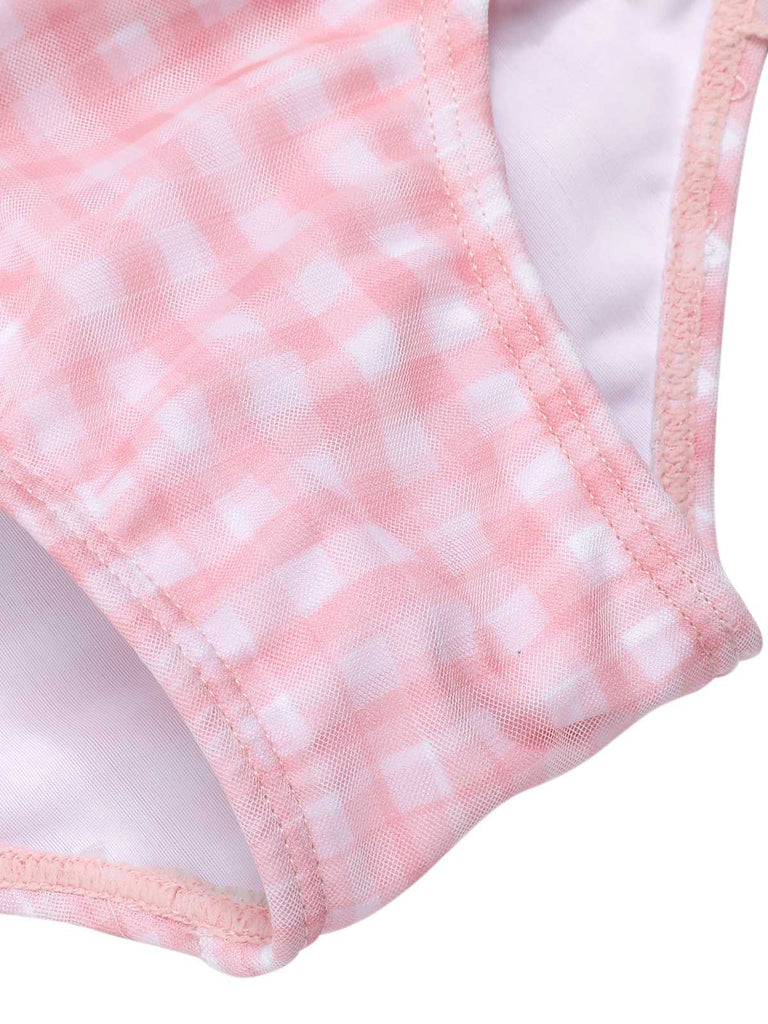 Pink 1940s Spaghetti Strap Mesh Plaids Swimsuit